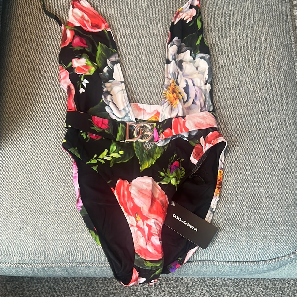 Dolce & Gabbana Black and Pink Floral One Piece Swimsuit